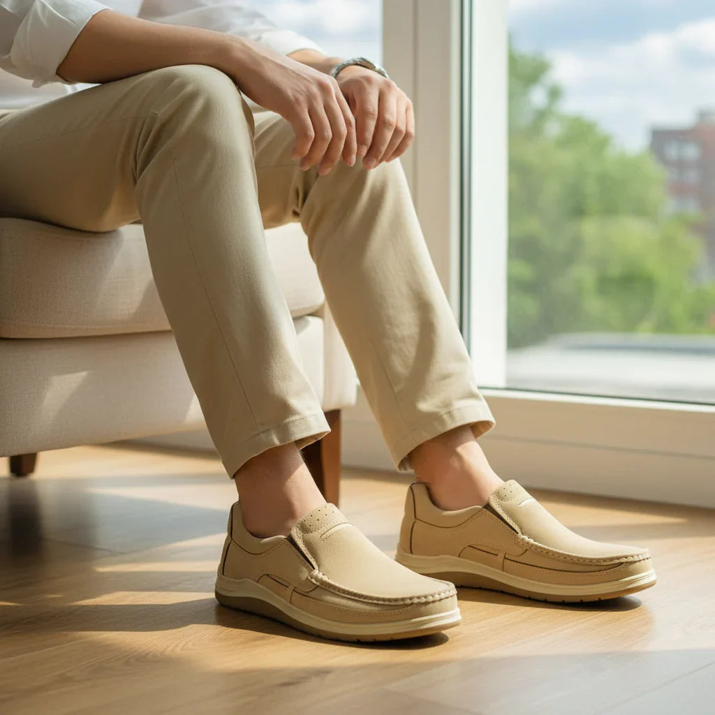 Cream Medicated Slip-On Suede Jogger | Non-Slip Ergonomic Sole | MJGC01